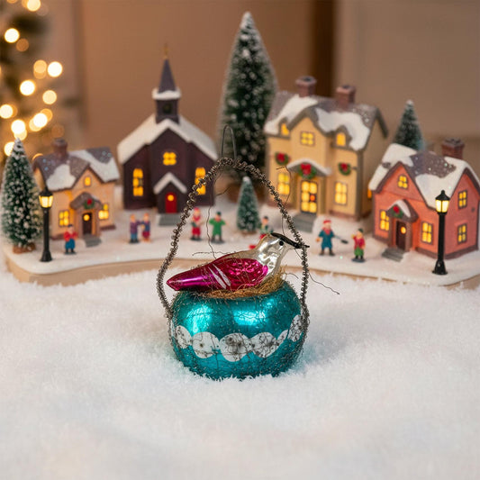 Old German Wire Wraped Glass Bird Nest with straw