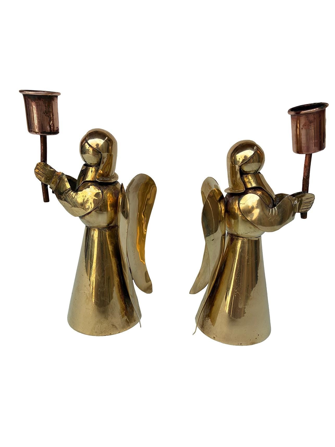 Pair Brass Copper Vintage Mexican Angel Candle Holders