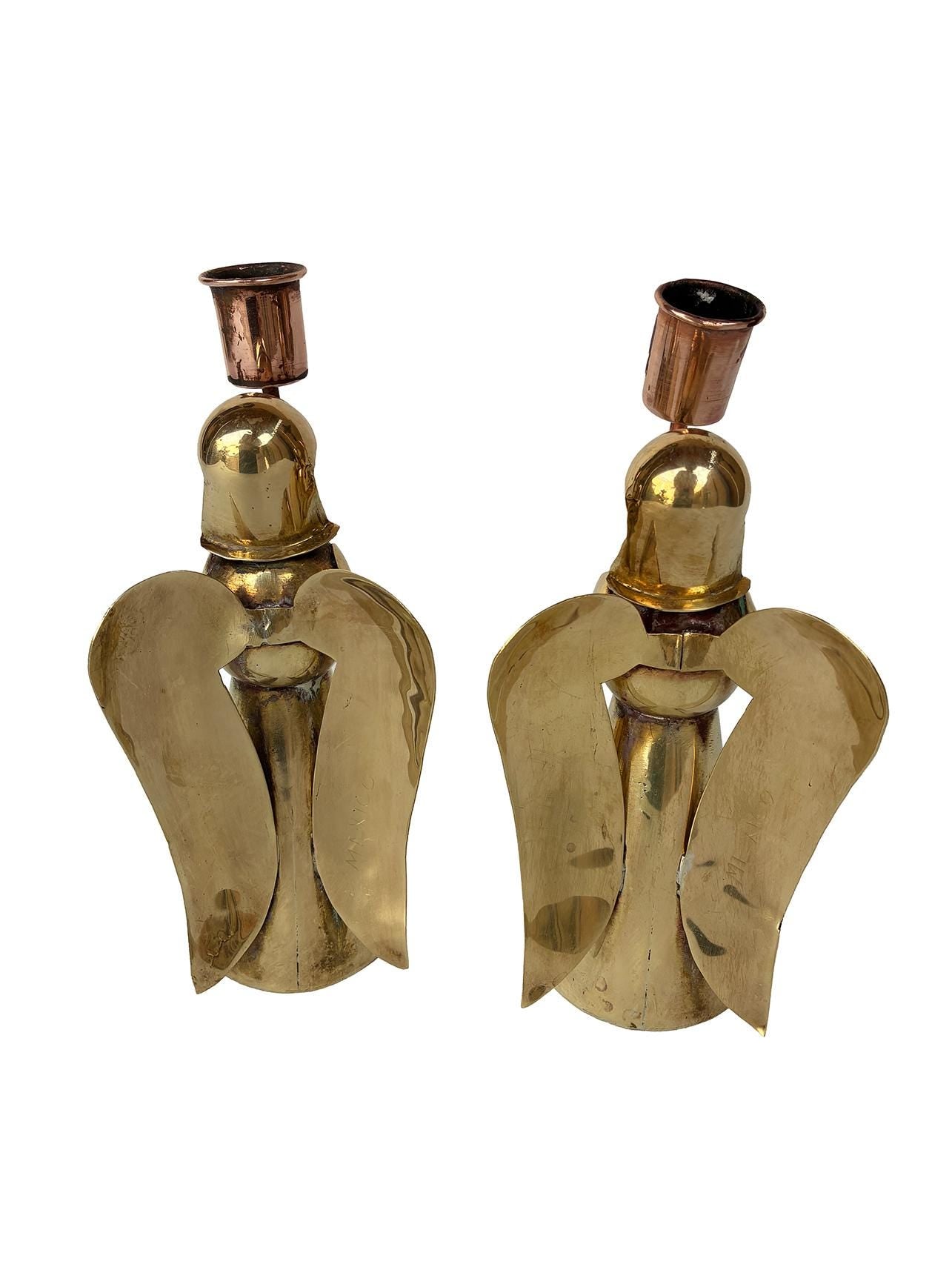 Pair Brass Copper Vintage Mexican Angel Candle Holders
