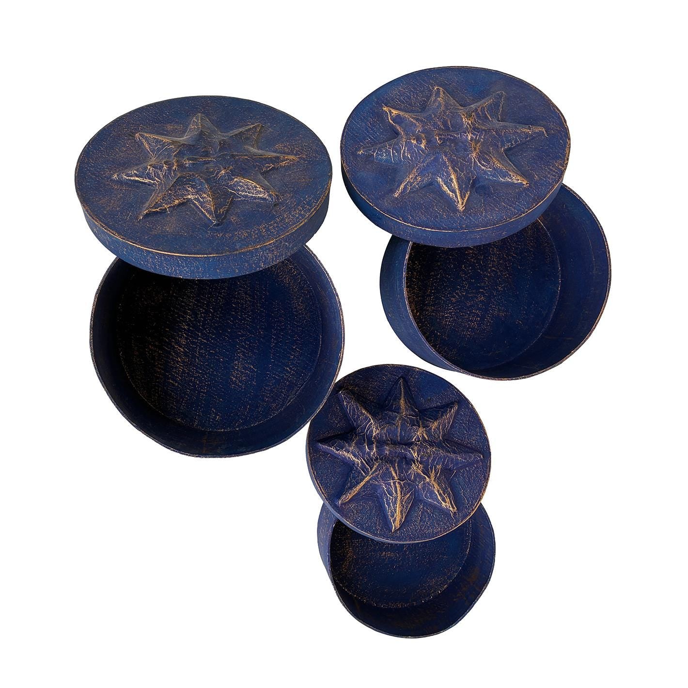 Sun Star Face Box Set Blue Gold Paper Mache 1990’s