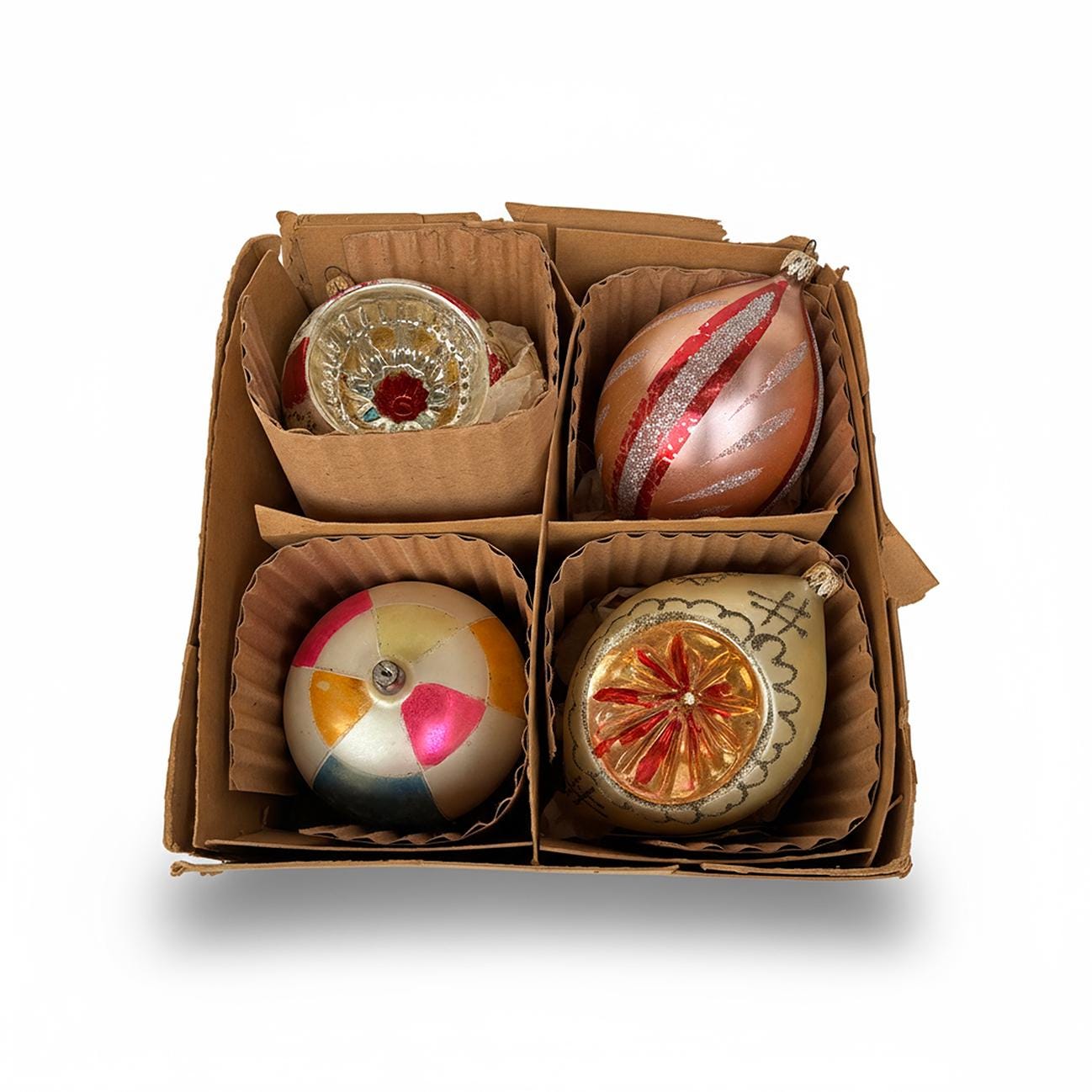 Vintage Jumbo Fantasia  Set of 4 Glass Ornaments Indents, Hand Blown and Painted