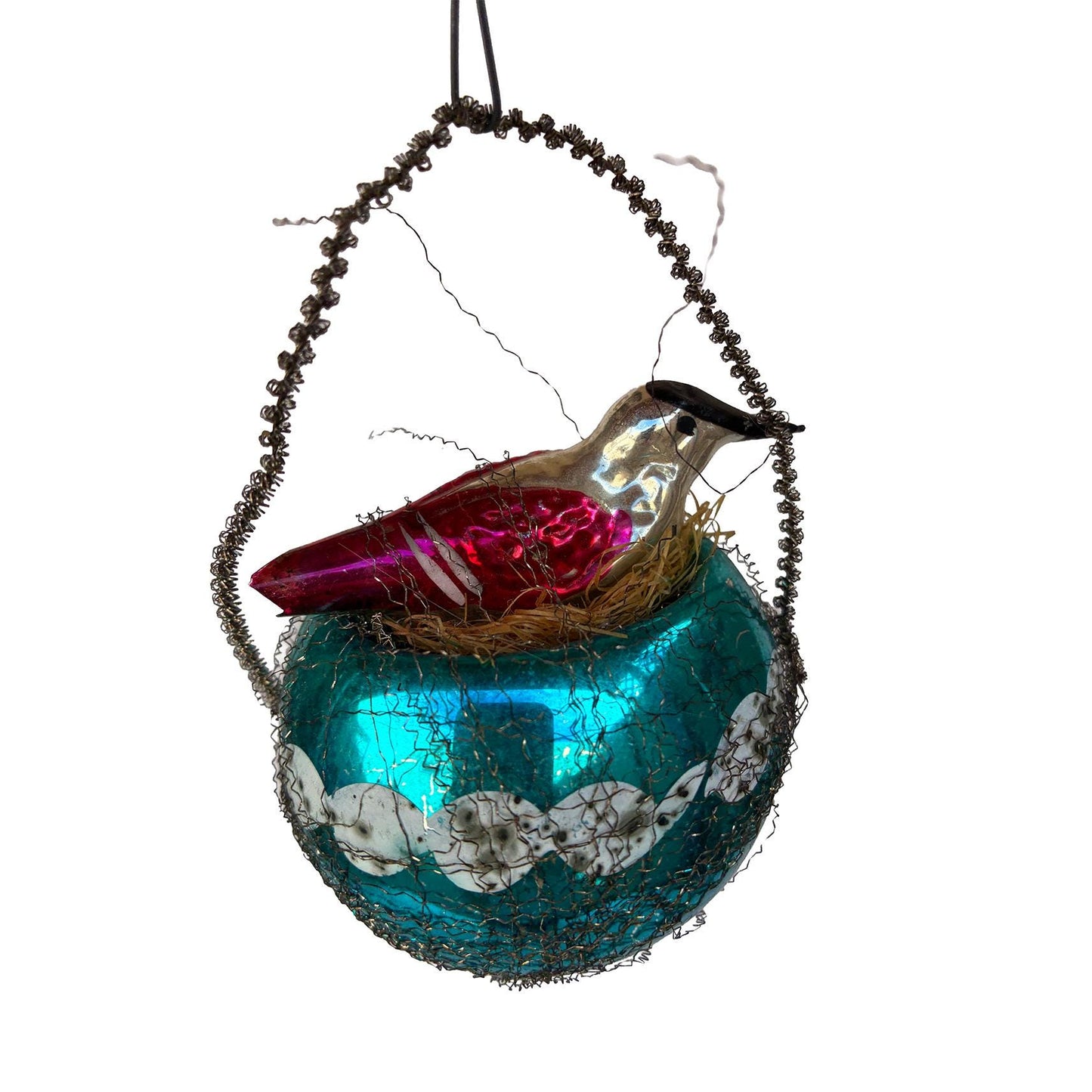 Old German Wire Wraped Glass Bird Nest with straw