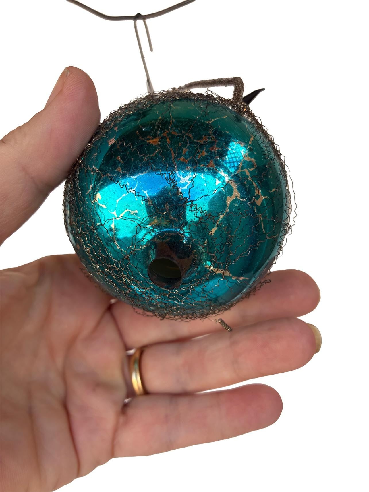 Old German Wire Wraped Glass Bird Nest with straw