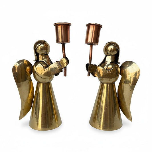 Pair Brass Copper Vintage Mexican Angel Candle Holders