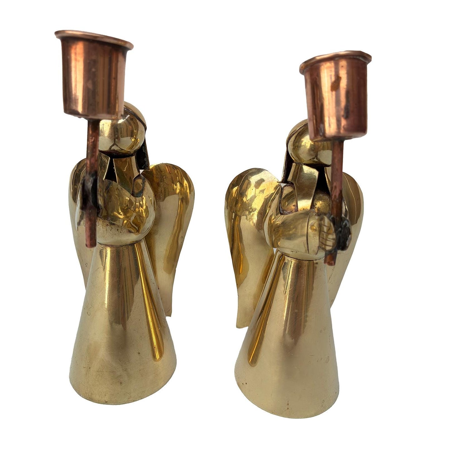 Pair Brass Copper Vintage Mexican Angel Candle Holders