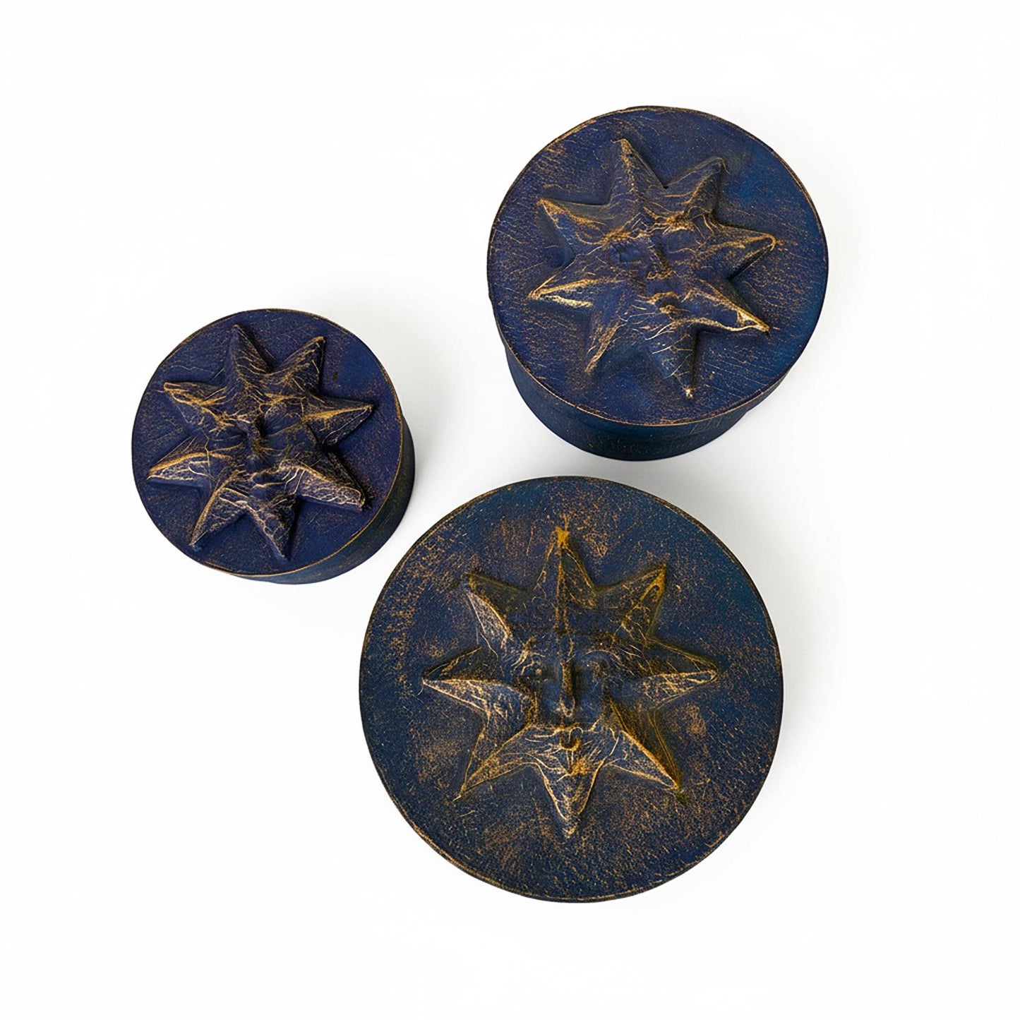 Sun Star Face Box Set Blue Gold Paper Mache 1990’s