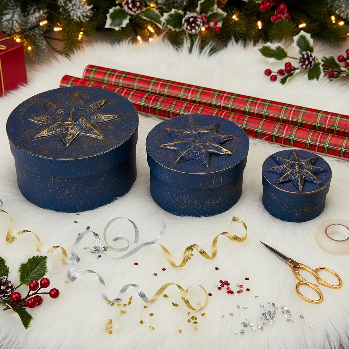 Sun Star Face Box Set Blue Gold Paper Mache 1990’s